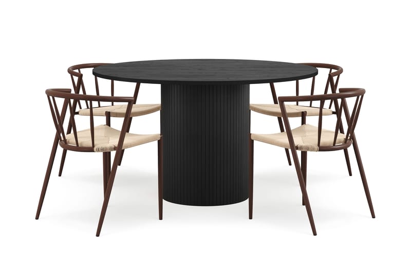 Kopparbo Rundt Spisebord 130 cm med 4 Winston Spisestoler, Svart tre / Beige / Metallben Røkt eik