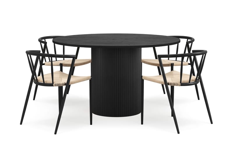 Kopparbo Rundt Spisebord 130 cm med 4 Winston Spisestoler, Svart tre / Beige / Metallben Svart
