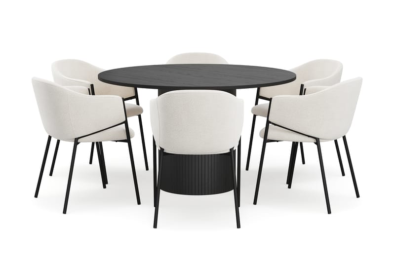 Kopparbo Rundt Spisebord 130 cm med 6 Filip Spisestoler, Svart tre / Hvit Bouclé