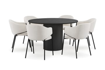 Kopparbo Rundt Spisebord 130 cm med 6 Filip Spisestoler - Svart tre / Hvit Bouclé - Møbler - Bord - Spisegruppe