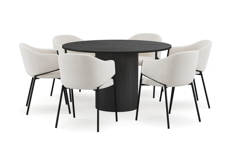 Kopparbo Rundt Spisebord 130 cm med 6 Filip Spisestoler - Svart tre / Hvit Bouclé - Møbler - Bord - Spisegruppe