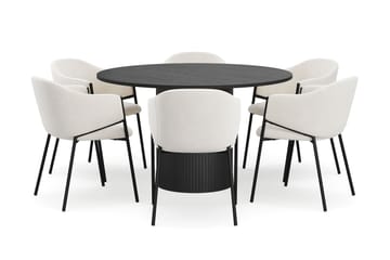 Kopparbo Rundt Spisebord 130 cm med 6 Filip Spisestoler - Svart tre / Hvit Bouclé - Møbler - Bord - Spisegruppe