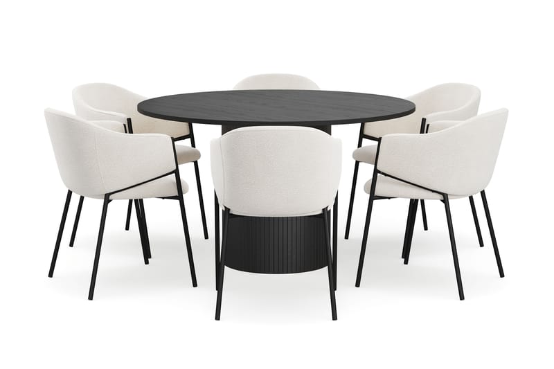 Kopparbo Rundt Spisebord 130 cm med 6 Filip Spisestoler - Svart tre / Hvit Bouclé - Møbler - Bord - Spisegruppe