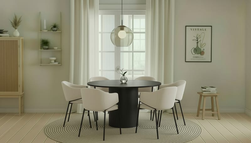 Kopparbo Rundt Spisebord 130 cm med 6 Filip Spisestoler - Svart tre / Hvit Bouclé - Møbler - Bord - Spisegruppe