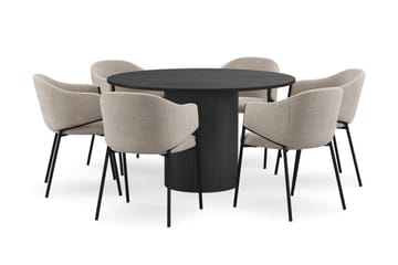 Kopparbo Rundt Spisebord 130 cm med 6 Filip Spisestoler - Svart tre / Taupe Bouclé - Møbler - Bord - Spisegruppe