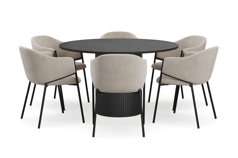 Kopparbo Rundt Spisebord 130 cm med 6 Filip Spisestoler - Svart tre / Taupe Bouclé - Møbler - Bord - Spisegruppe