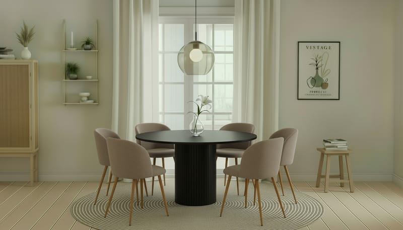 Kopparbo Rundt Spisebord 130 cm med 6 Greya Spisestoler med armlener - Svart tre / Greige Bouclé / Metallben Eik - Møbler - Bord - Spisegruppe