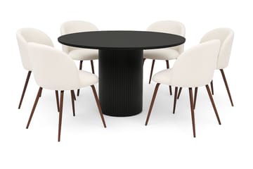 Kopparbo Rundt Spisebord 130 cm med 6 Greya Spisestoler med armlener - Svart tre / Hvit Bouclé / Metallben Valnøtt - Møbler - Bord - Spisegruppe