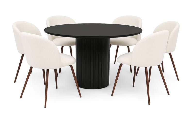 Kopparbo Rundt Spisebord 130 cm med 6 Greya Spisestoler med armlener, Svart tre / Hvit Bouclé / Metallben Valnøtt