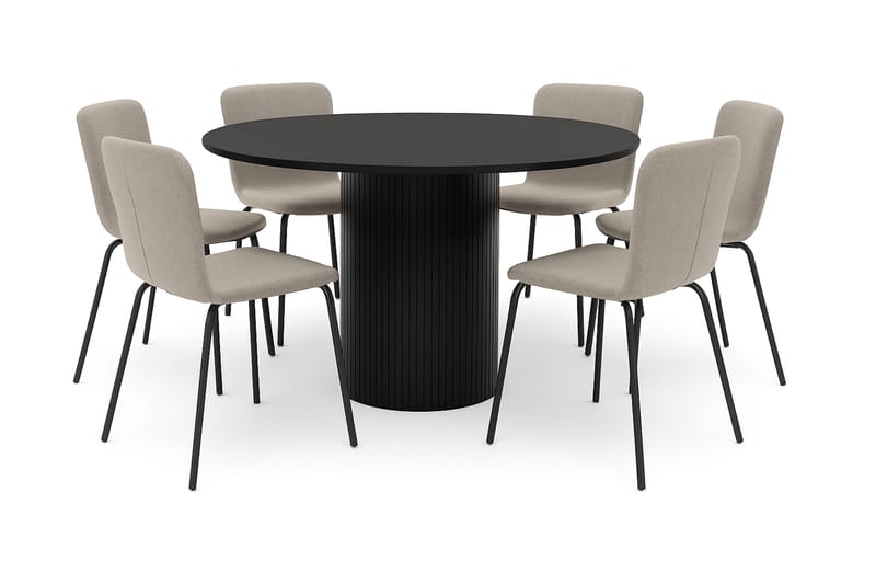 Kopparbo Rundt Spisebord 130 cm med 6 Katy Spisestoler, Svart tre / Greige Bouclé / Metallben Svart