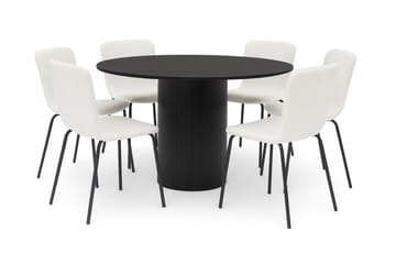 Kopparbo Rundt Spisebord 130 cm med 6 Katy Spisestoler - Svart tre / Hvit Bouclé / Metallben Svart - Møbler - Bord - Spisegruppe