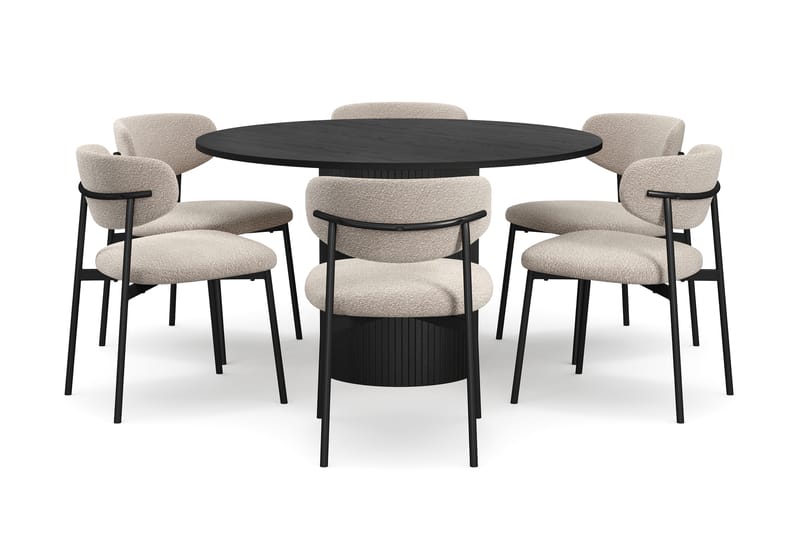Kopparbo Rundt Spisebord 130 cm med 6 Lucy Spisestoler, Svart tre / Greige Bouclé / Metallben Svart