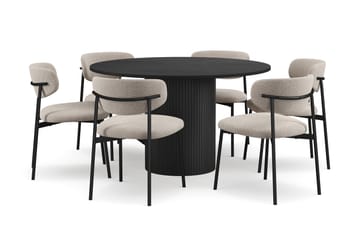 Kopparbo Rundt Spisebord 130 cm med 6 Lucy Spisestoler - Svart tre / Greige Bouclé / Metallben Svart - Møbler - Bord - Spisegruppe