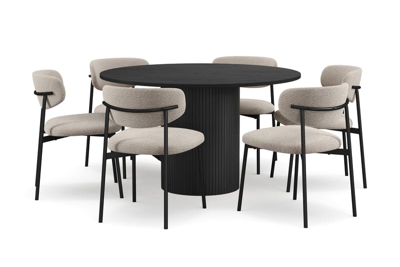 Kopparbo Rundt Spisebord 130 cm med 6 Lucy Spisestoler - Svart tre / Greige Bouclé / Metallben Svart - Møbler - Bord - Spisegruppe