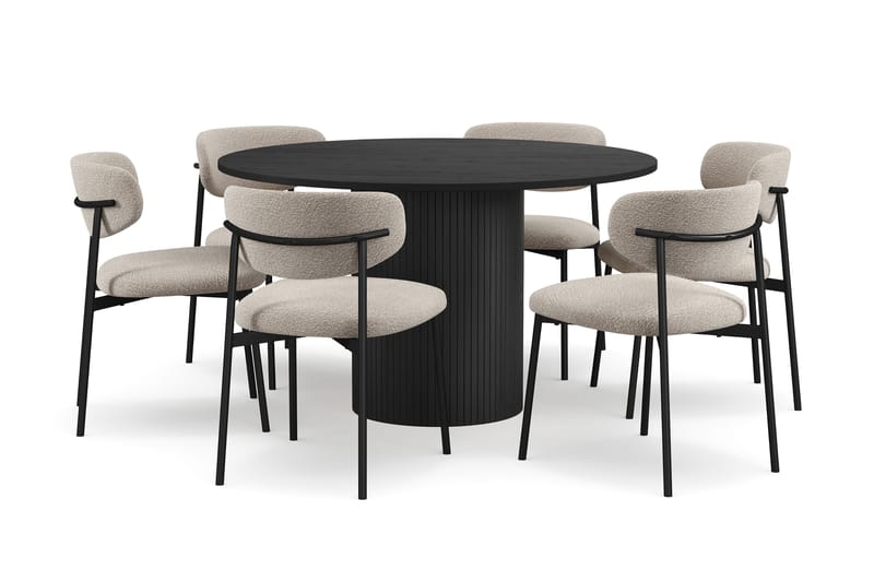 Kopparbo Rundt Spisebord 130 cm med 6 Lucy Spisestoler, Svart tre / Greige Bouclé / Metallben Svart