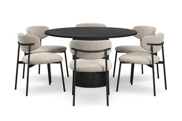 Kopparbo Rundt Spisebord 130 cm med 6 Lucy Spisestoler - Svart tre / Greige Bouclé / Metallben Svart - Møbler - Bord - Spisegruppe