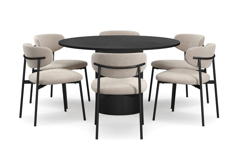 Kopparbo Rundt Spisebord 130 cm med 6 Lucy Spisestoler - Svart tre / Greige Bouclé / Metallben Svart - Møbler - Bord - Spisegruppe