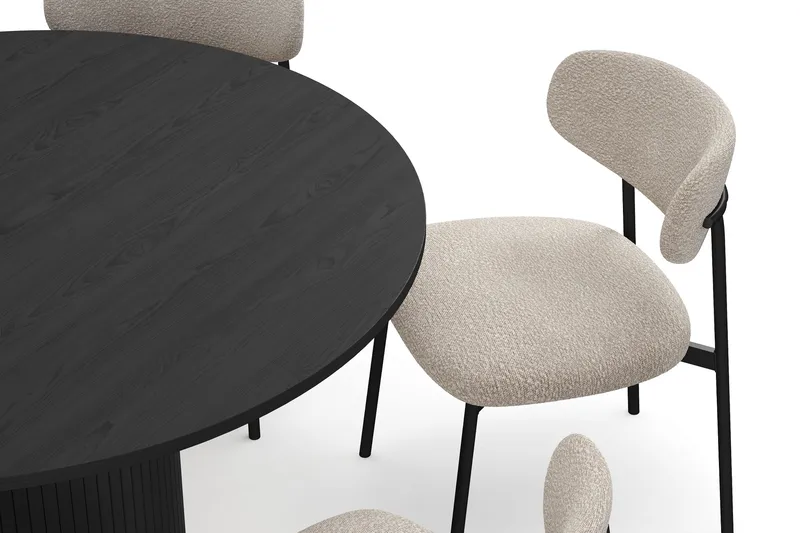 Kopparbo Rundt Spisebord 130 cm med 6 Lucy Spisestoler - Svart tre / Greige Bouclé / Metallben Svart - Møbler - Bord - Spisegruppe