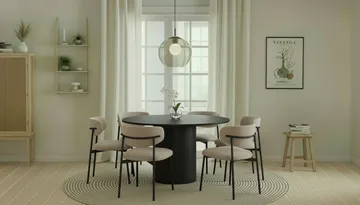 Kopparbo Rundt Spisebord 130 cm med 6 Lucy Spisestoler - Svart tre / Greige Bouclé / Metallben Svart - Møbler - Bord - Spisegruppe