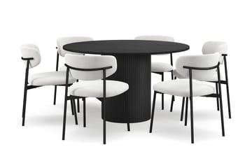 Kopparbo Rundt Spisebord 130 cm med 6 Lucy Spisestoler - Svart tre / Hvit Bouclé / Metallben Svart - Møbler - Bord - Spisegruppe