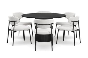 Kopparbo Rundt Spisebord 130 cm med 6 Lucy Spisestoler - Svart tre / Hvit Bouclé / Metallben Svart - Møbler - Bord - Spisegruppe