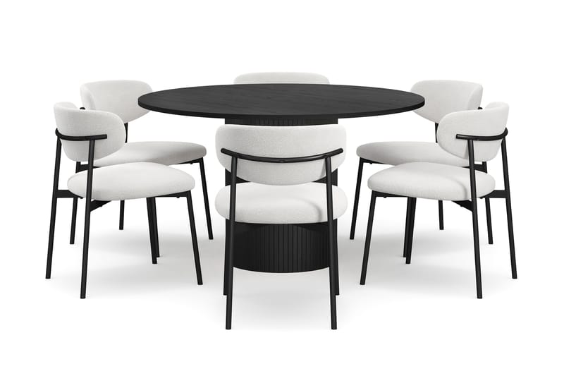 Kopparbo Rundt Spisebord 130 cm med 6 Lucy Spisestoler - Svart tre / Hvit Bouclé / Metallben Svart - Møbler - Bord - Spisegruppe