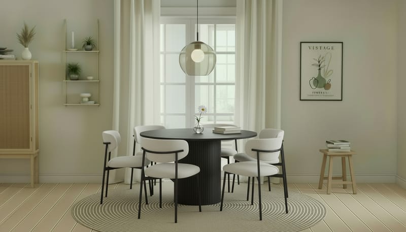 Kopparbo Rundt Spisebord 130 cm med 6 Lucy Spisestoler - Svart tre / Hvit Bouclé / Metallben Svart - Møbler - Bord - Spisegruppe