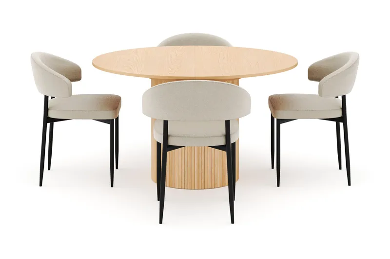 Kopparbo Rundt Spisebord 130 cm Uttrekkbart med 4 Sawako Stoler - Hvit - Møbler - Bord - Spisegruppe
