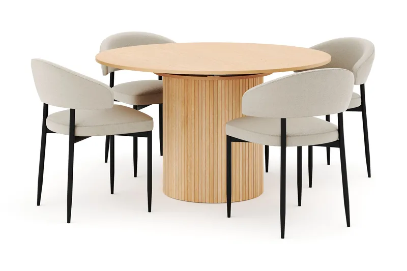 Kopparbo Rundt Spisebord 130 cm Uttrekkbart med 4 Sawako Stoler, Hvit