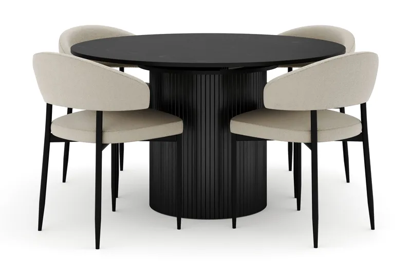 Kopparbo Rundt Spisebord 130 cm Uttrekkbart med 4 Sawako Stoler, Svart