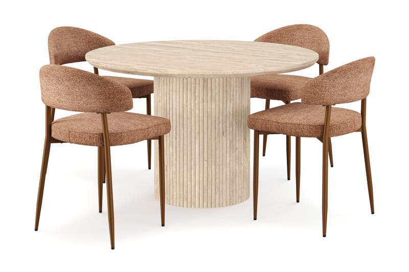 Kopparbo Rundt Spisebord 130cm Travertin-look med 4 stk Jairam Matstkolar - Beige - Møbler - Bord - Spisegruppe