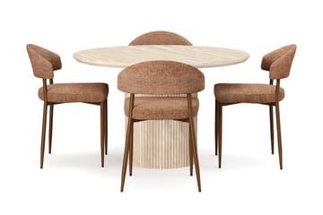 Kopparbo Rundt Spisebord 130cm Travertin-look med 4 stk Jairam Matstkolar - Beige - Møbler - Bord - Spisegruppe