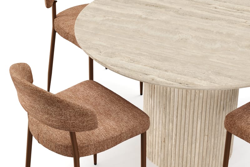 Kopparbo Rundt Spisebord 130cm Travertin-look med 4 stk Jairam Matstkolar - Beige - Møbler - Bord - Spisegruppe