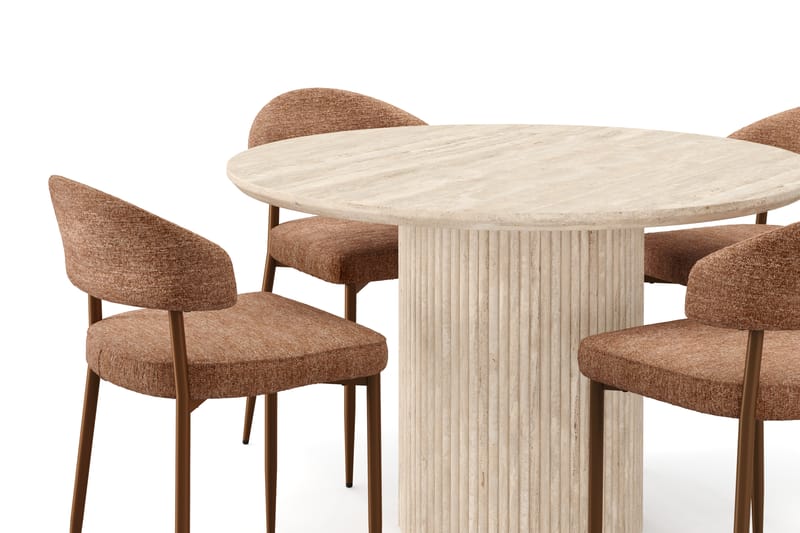 Kopparbo Rundt Spisebord 130cm Travertin-look med 4 stk Jairam Matstkolar - Beige - Møbler - Bord - Spisegruppe