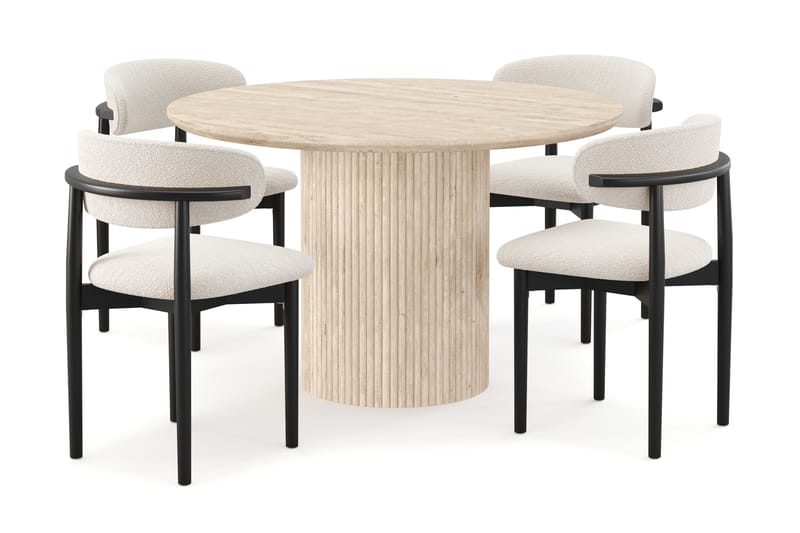 Kopparbo Rundt Spisebord 130cm Travertin-look med 4 stk Jaiveer Matstkolar - Beige - Møbler - Bord - Spisegruppe