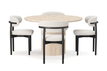 Kopparbo Rundt Spisebord 130cm Travertin-look med 4 stk Jaiveer Matstkolar - Beige - Møbler - Bord - Spisegruppe