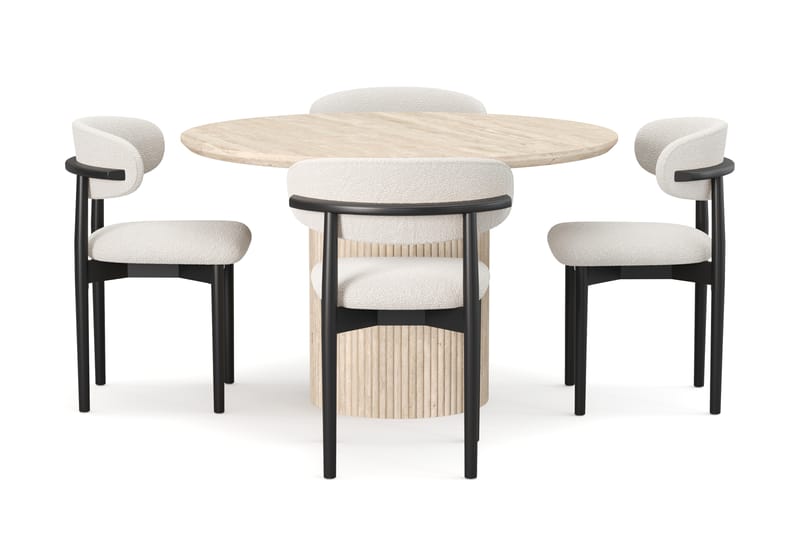 Kopparbo Rundt Spisebord 130cm Travertin-look med 4 stk Jaiveer Matstkolar - Beige - Møbler - Bord - Spisegruppe