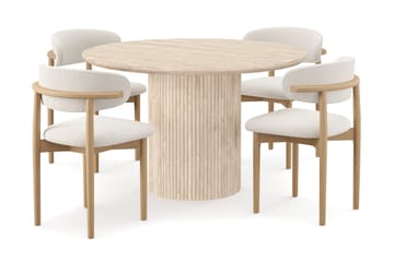 Kopparbo Rundt Spisebord 130cm Travertin-look med 4 stk Jaiveer Matstkolar - Beige - Møbler - Bord - Spisegruppe