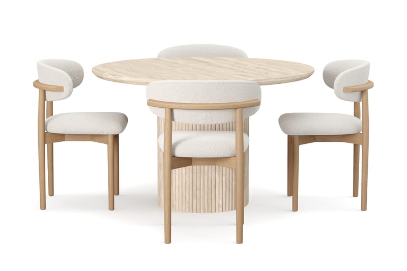 Kopparbo Rundt Spisebord 130cm Travertin-look med 4 stk Jaiveer Matstkolar - Beige - Møbler - Bord - Spisegruppe