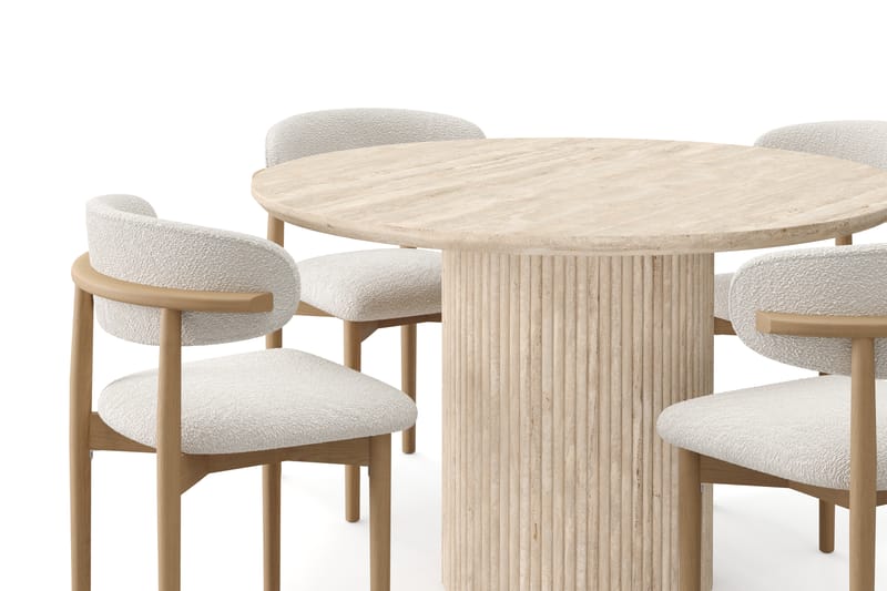 Kopparbo Rundt Spisebord 130cm Travertin-look med 4 stk Jaiveer Matstkolar - Beige - Møbler - Bord - Spisegruppe