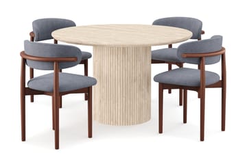 Kopparbo Rundt Spisebord 130cm Travertin-look med 4 stk Jaiveer Matstkolar - Beige - Møbler - Bord - Spisegruppe