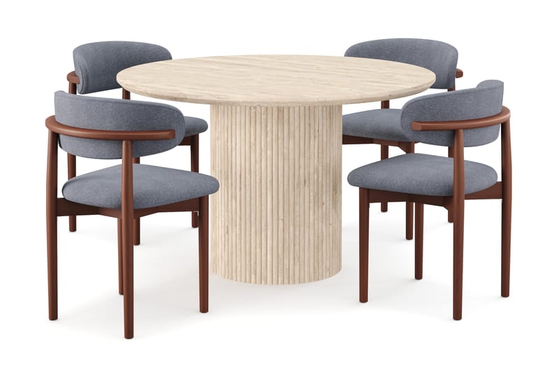 Kopparbo Rundt Spisebord 130cm Travertin-look med 4 stk Jaiveer Matstkolar - Beige - Møbler - Bord - Spisegruppe