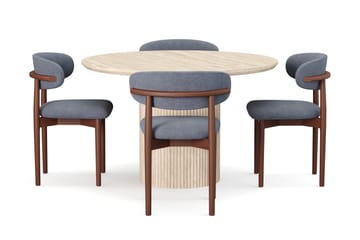 Kopparbo Rundt Spisebord 130cm Travertin-look med 4 stk Jaiveer Matstkolar - Beige - Møbler - Bord - Spisegruppe