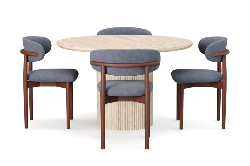 Kopparbo Rundt Spisebord 130cm Travertin-look med 4 stk Jaiveer Matstkolar - Beige - Møbler - Bord - Spisegruppe