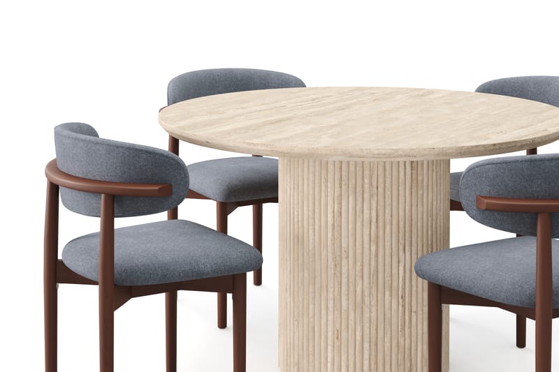 Kopparbo Rundt Spisebord 130cm Travertin-look med 4 stk Jaiveer Matstkolar - Beige - Møbler - Bord - Spisegruppe