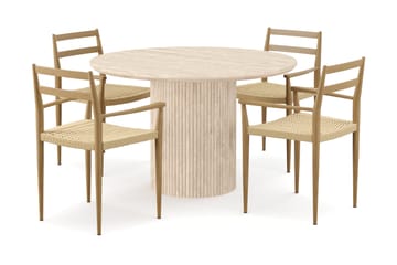 Kopparbo Rundt Spisebord 130cm Travertin-look med 4 stk Jamna Karmstkolar - Beige - Møbler - Bord - Spisegruppe