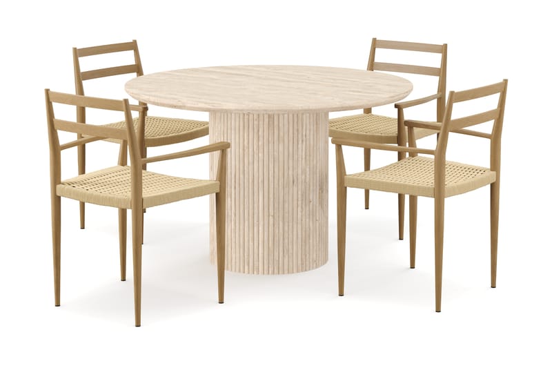 Kopparbo Rundt Spisebord 130cm Travertin-look med 4 stk Jamna Karmstkolar - Beige - Møbler - Bord - Spisegruppe