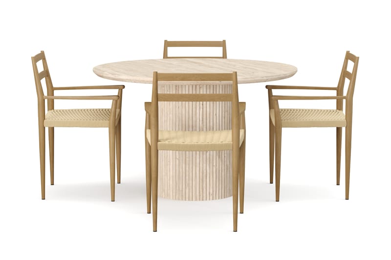 Kopparbo Rundt Spisebord 130cm Travertin-look med 4 stk Jamna Karmstkolar - Beige - Møbler - Bord - Spisegruppe