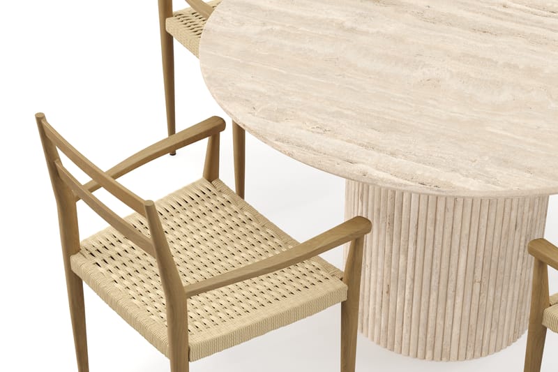 Kopparbo Rundt Spisebord 130cm Travertin-look med 4 stk Jamna Karmstkolar - Beige - Møbler - Bord - Spisegruppe