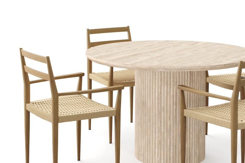 Kopparbo Rundt Spisebord 130cm Travertin-look med 4 stk Jamna Karmstkolar - Beige - Møbler - Bord - Spisegruppe